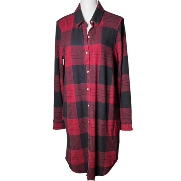 Faherty Legend Sweater Shirt Dress Buffalo Plaid Check Red Black-Sz Large - Picture 3 of 11